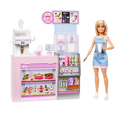 Barbie Coffret de Jeu Café, Poupée Barista Blonde, 10+Accessoires
