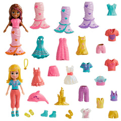Polly Pocket 2 Dolls And 25 Accessories, Color-Change Seashine Mermaid Fashion Pack