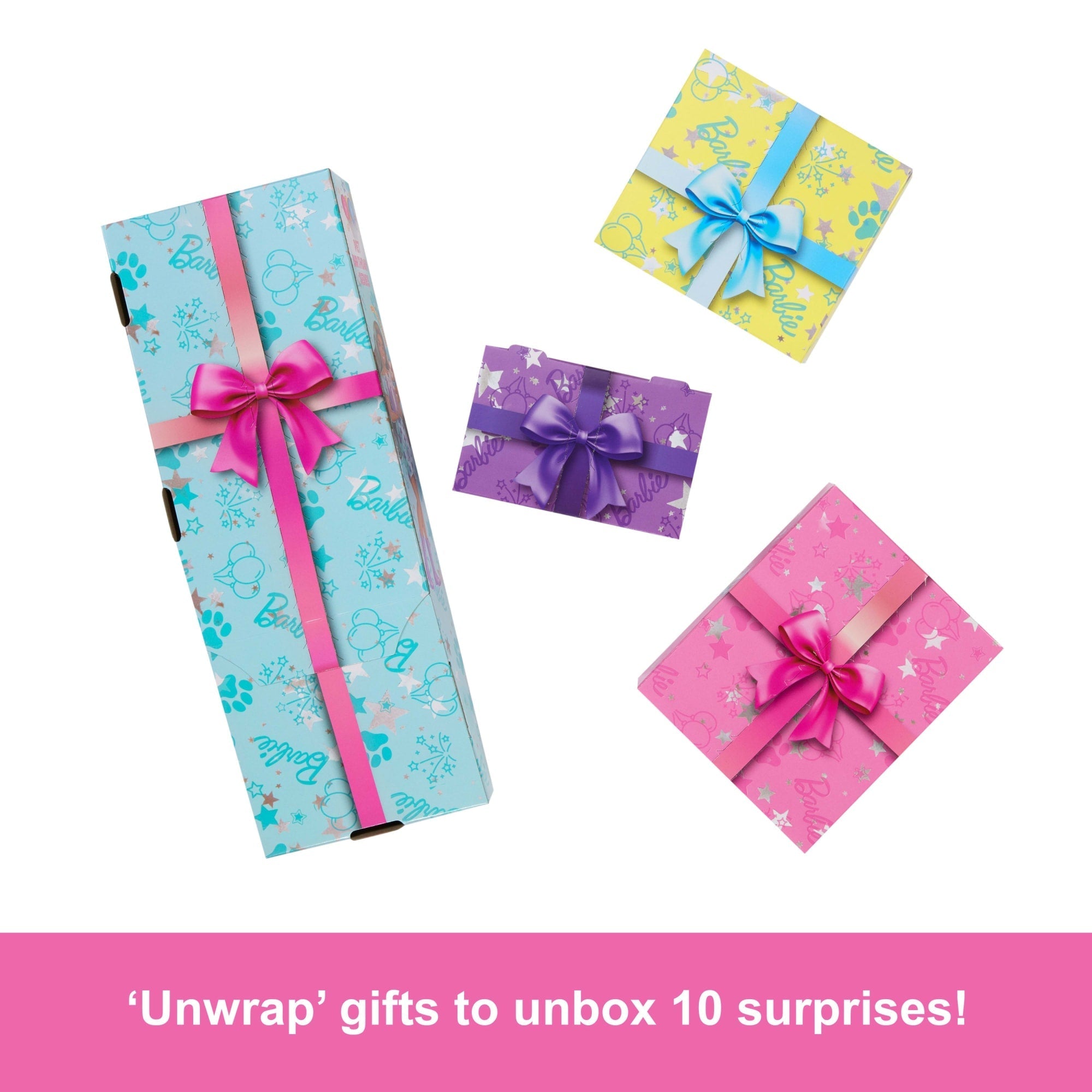Barbie Party Unboxed Pet Birthday Series Doll & Accessories, Party Stars Set With 10 Surprises