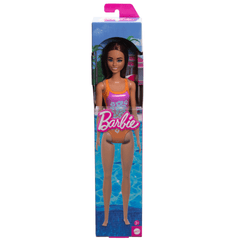 Barbie  Poupée Plage  Cheveux Brun Clair, Maillot Rose et Orange