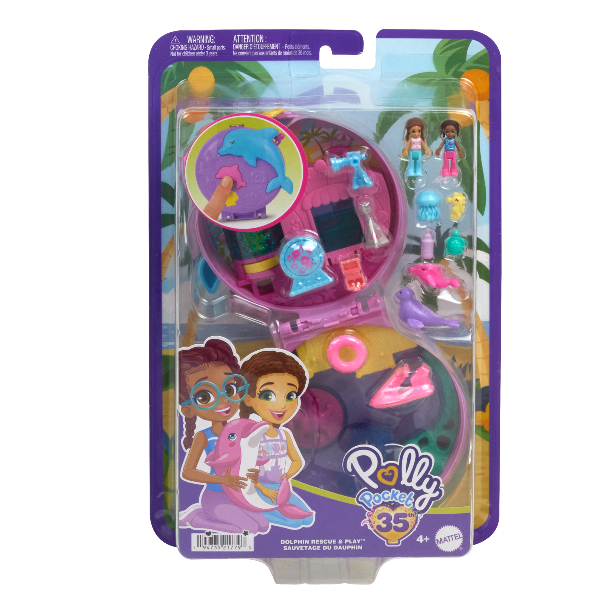 Polly Pocket Dolphin Rescue & Play Compact With 2 Micro Dolls And Sea Pets, Animal Toy With Ocean Accessories