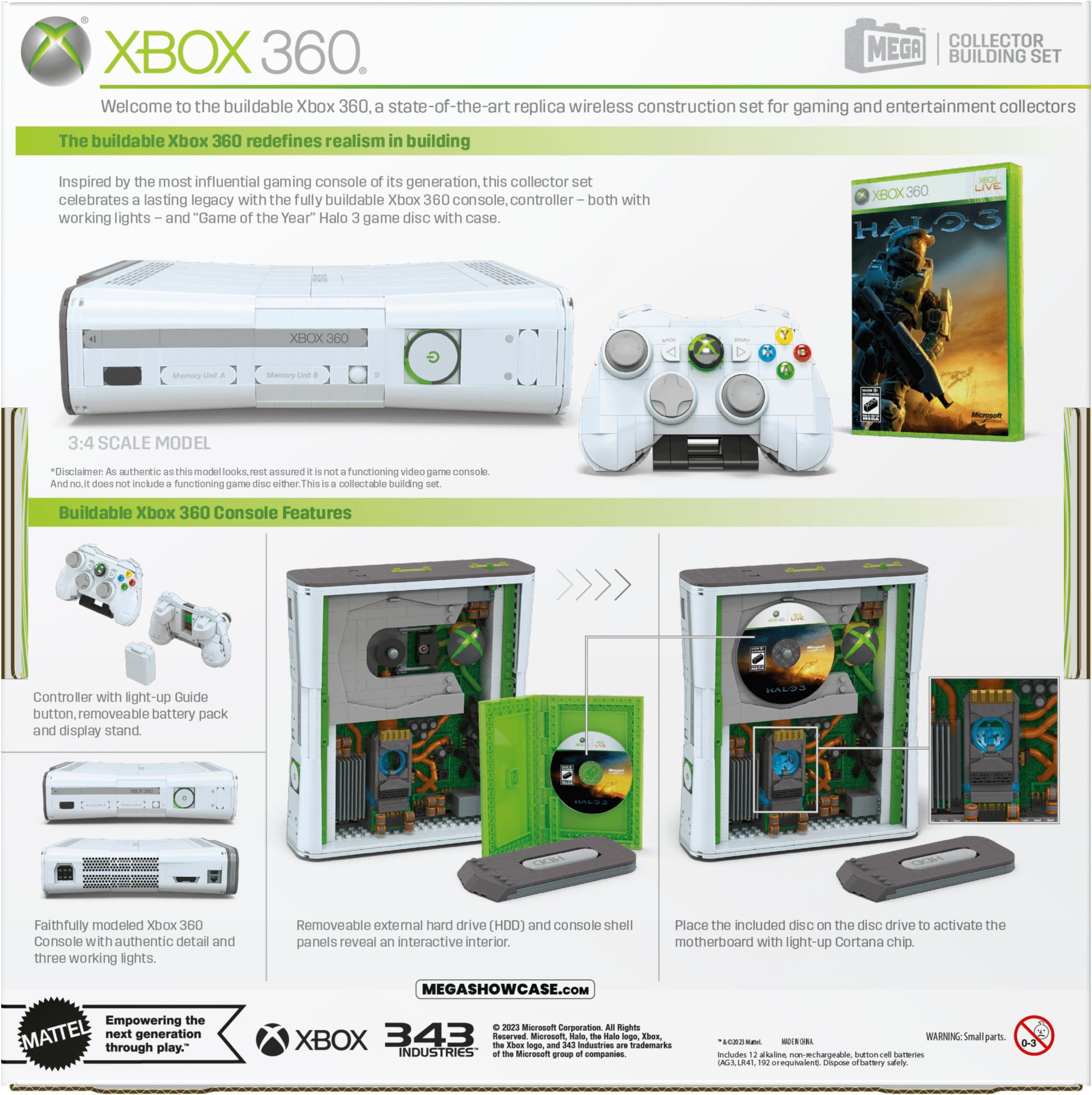 MEGA Microsoft Xbox 360 Replica Building Toy Kit With Lights (1342 Pieces) For Collectors