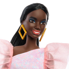 Barbie Fashionistas Doll #216 With Tall Body, Black Straight Hair & Peach Dress, 65Th Anniversary