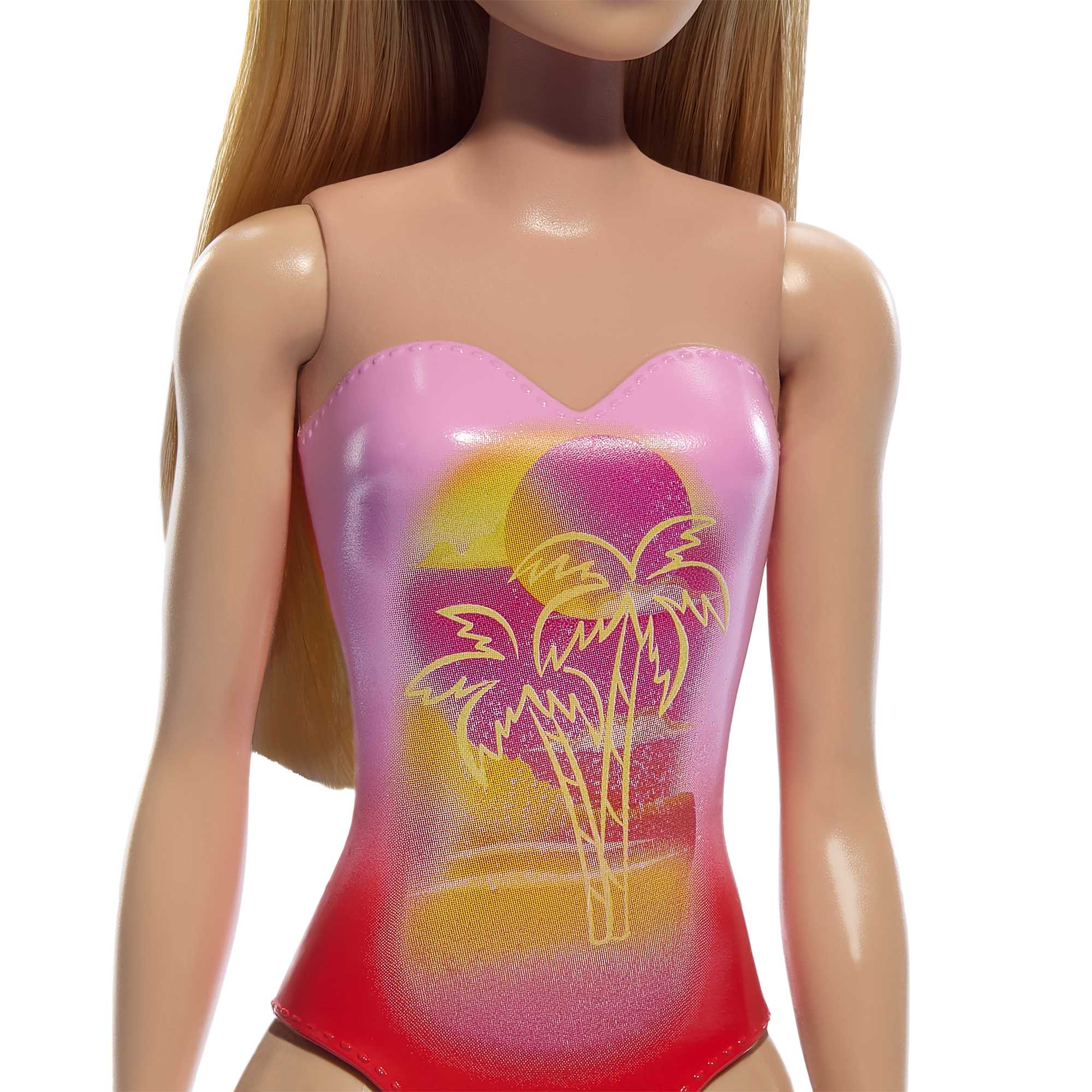 Beach Barbie Doll With Blond Hair Wearing Pink Palm Tree-Print Swimsuit